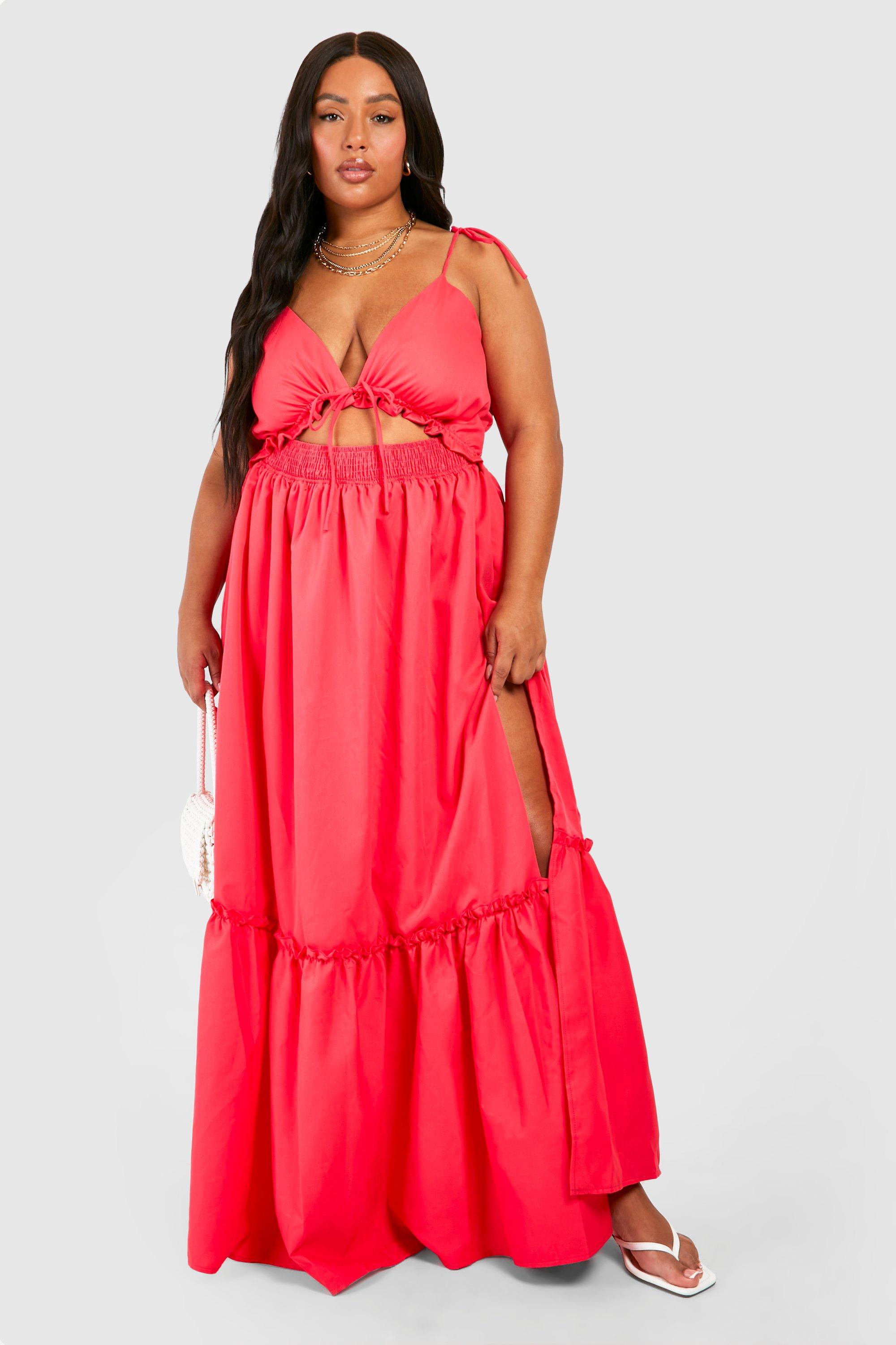 Plus Woven Tie Front Tiered Smock Maxi Dress